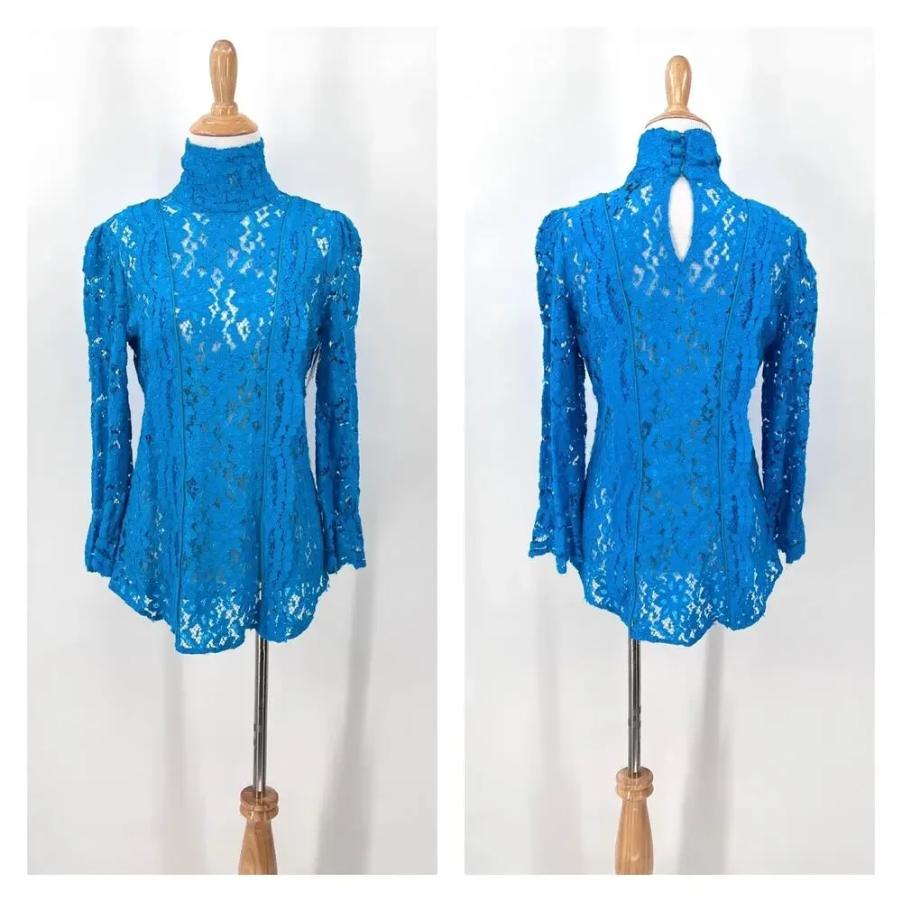 SMYTHE Scalloped Lace Mockneck Top Womens Extra Small Prussian Blue Floral